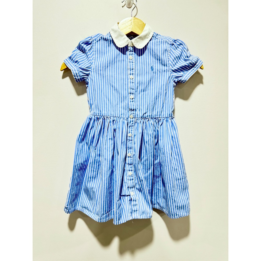 Polo Ralph Lauren Girls Blue White Striped Peter Pan Collar Shirtdress Size 5 5T